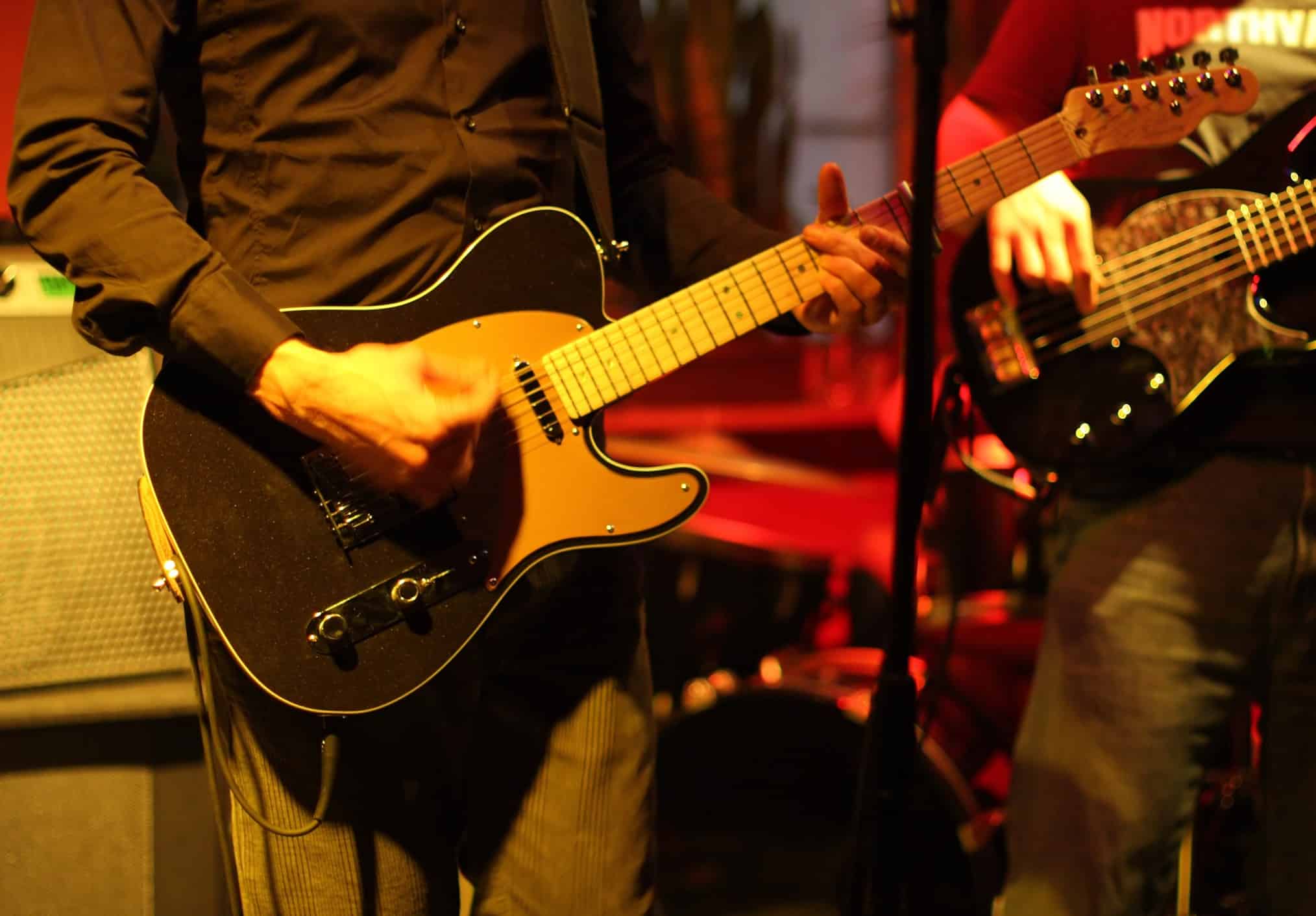 two men playing guitar at blues concert